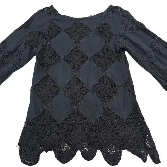 Free People Top Womens Size XS Black Crochet Lace Cut Out Bell Sleeve Whimsigoth - Picture 3 of 14